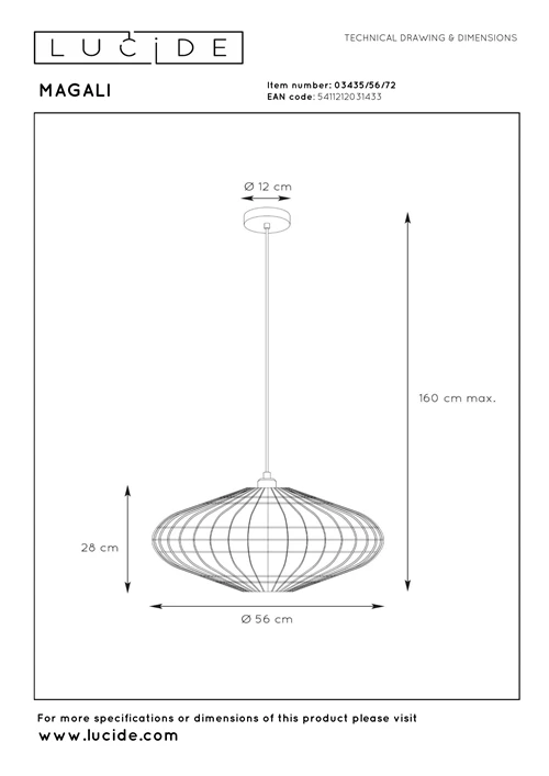Lucide MAGALI - Hanglamp - Ø 56 cm - 1xE27 - Naturel - technisch
